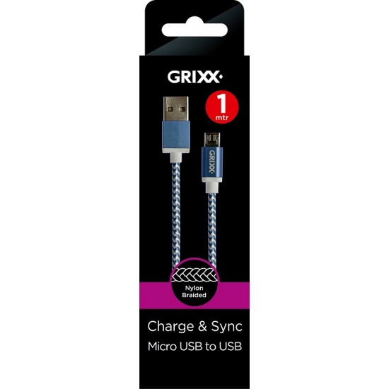 Cablu Date Grixx - Micro Usb To Usb, Impletit, Lungime 1m - Albastru/alb