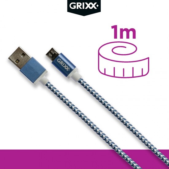 Cablu Date Grixx - Micro Usb To Usb, Impletit, Lungime 1m - Albastru/alb