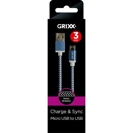 Cablu Date Grixx - Micro Usb To Usb, Impletit, Lungime 3m - Albastru/alb
