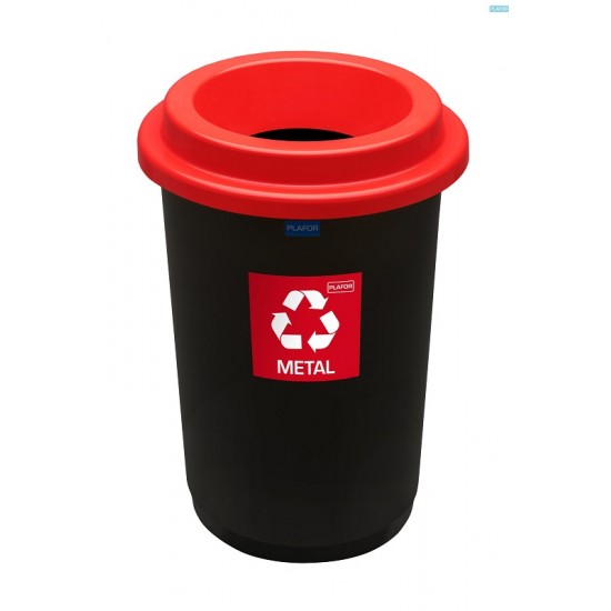 Cos Plastic Reciclare Selectiva, Capacitate 50l, Plafor Eco - Negru Cu Capac Rosu - Metal