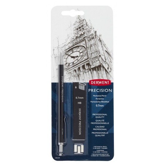 Creion Mecanic Metalic Derwent Professional, Hb 0.7 Mm, Rezerve Mine Si Radiere Incluse, Negru