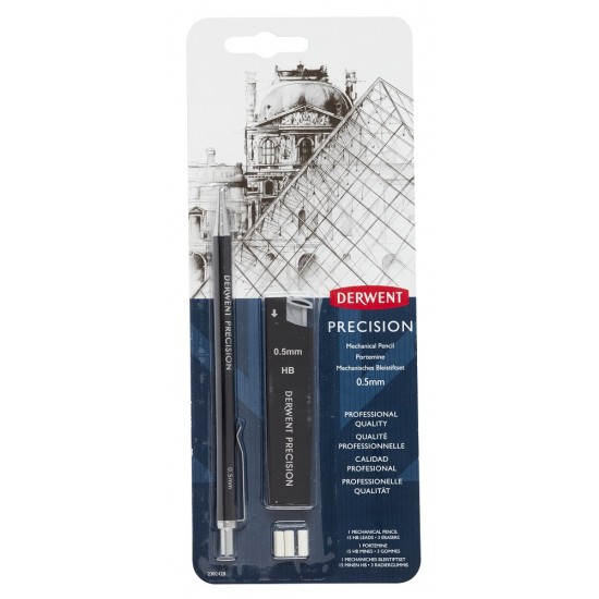 Creion Mecanic Metalic Derwent Professional, Hb 0.5 Mm, Rezerve Mine Si Radiere Incluse, Negru