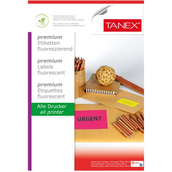Etichete Color Autoadezive, 24/a4, 64 X 34mm, 25 Coli/top, Tanex - Rosu Fluorescent