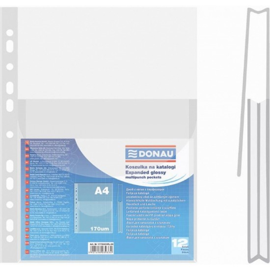 Folie Protectie Documente A4, Cu Burduf 20mm, Pp - 170 Microni, Cu Clapa Verticala, 12/set, Donau