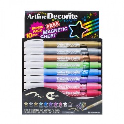 Marker Artline Decorite, Varf Rotund 1.0mm, 10 Culori Metalizate/set + 1 Folie Magnetica Neagra Marker Artline Decorite, Varf Rotund 1.0mm, 10 Culori Metalizate/set + 1 Folie Magnetica Neagra