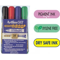 Marker Pentru Tabla De Scris Artline 517 - Dry Safe Ink, Varf Rotund 2.0mm, 4 Culori/set