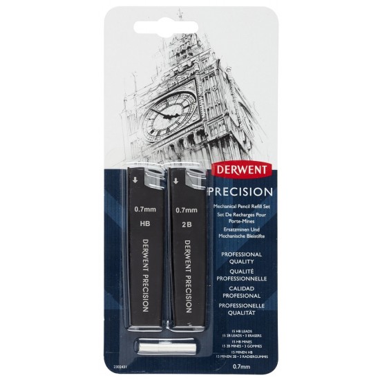 Rezerva Mine Si Radiere Derwent Professional, Pentru Creion Mecanic, Hb/2b 0.7 Mm, 30 Buc/set, Negru