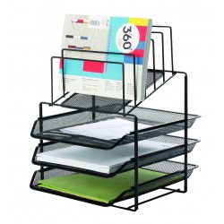 Set 3 Tavite Metalice Mesh, Suprapozabile + Suport Documente Cu 5 Separatoare, Q-connect - Negru Set 3 Tavite Metalice Mesh, Suprapozabile + Suport Documente Cu 5 Separatoare, Q-connect - Negru