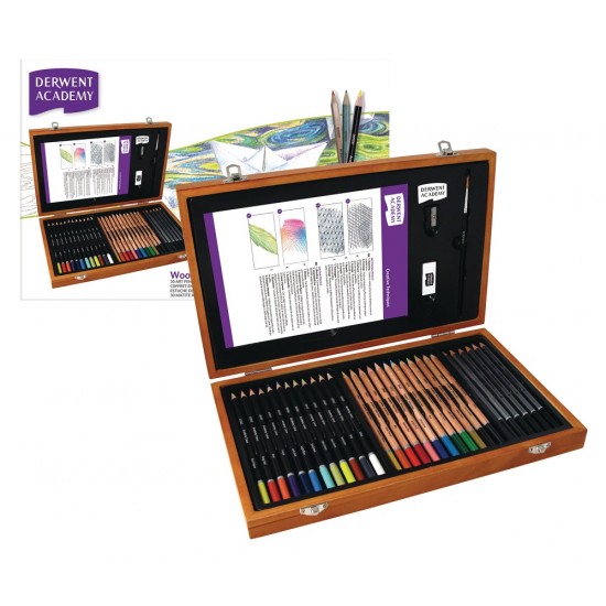 Set Complet Pentru Schite Si Desen Derwent Academy, Cutie Din Lemn, Creioane Colorate, Acuarela Si G