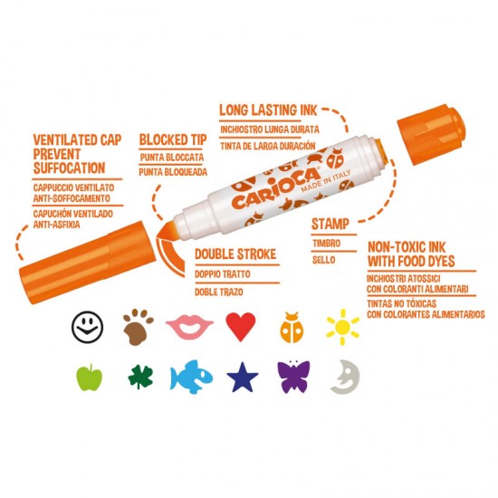 Set 6 Markere Lavabile, Cu 6 Stampile Diverse Forme, Cutie Carton, Carioca Stamperello