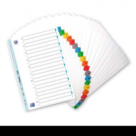 Index Carton Alfabetic Oxford A4 A-z, 20 File/set, 170g/mp, 11 Perforatii Pentru Indosariere, Include Cuprins, Culoare Alb Cu Margine Color