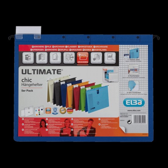 Dosar Suspendat Cu Sina Elba Ultimate A4, Carton 240g/mp, Blue Angel, Capacitate 200 File, Orificiu Deget Pentru Manevrare, Porteticheta, Culoare Albastru Inchis