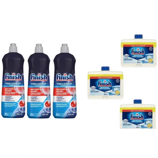 Pachet Promo: 3x Finish Solutie Curatare Masina Vase Lemon 250ml + 3x Finish Solutie Clatire Masina Spalat Vase 800ml