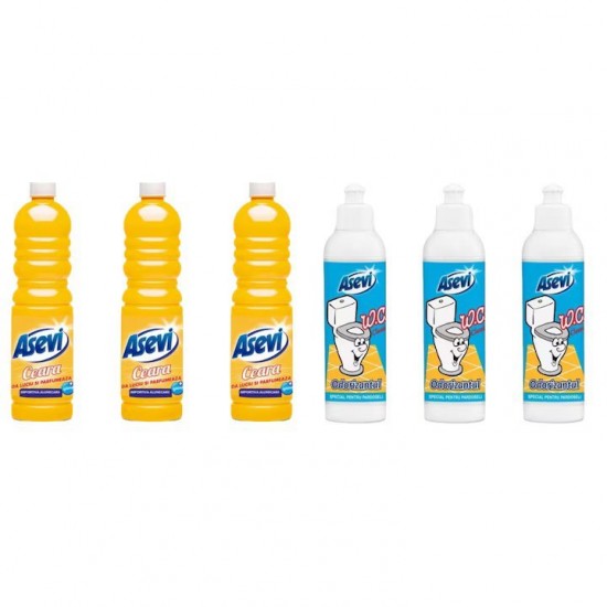 Pachet Promo: 3x Solutie Pardoseli Asevi 1l Ceara + 3x Asevi Odorizant Lichid 24h Wc Clasic 200ml