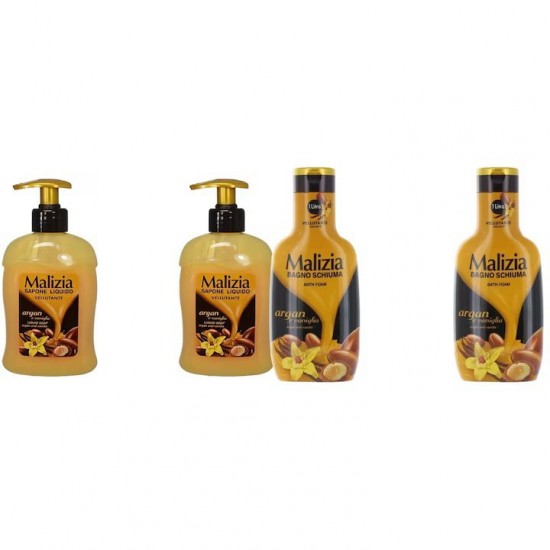 Pachet Promo: 2x Sapun Lichid Malizia Vanilie Si Argan 300 Ml + 2x Spumant De Baie Maliziacu Ulei De Argan Si Vanilie 1l