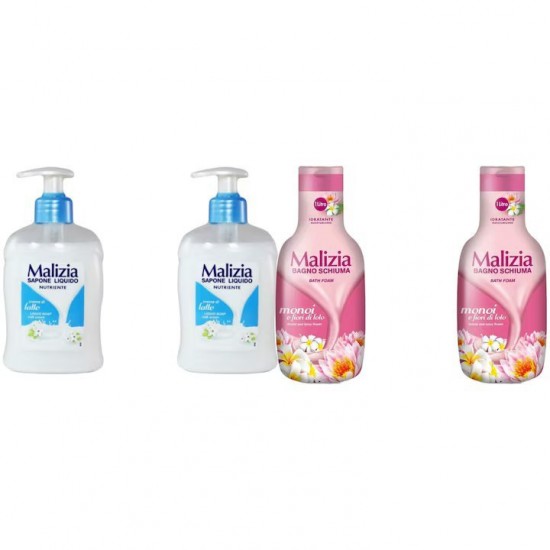 Pachet Promo: 2x Sapun Lichid Malizia Crema De Lapte 300 Ml + 2x Spumant De Baie Malizia Cu Fiori Di Lotto 1l
