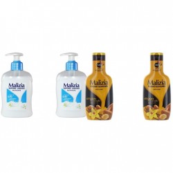 Pachet Promo: 2x Sapun Lichid Malizia Crema De Lapte 300 Ml + 2x Spumant De Baie Malizia Cu Argan Si Vanilie 1l