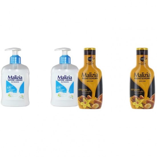 Pachet Promo: 2x Sapun Lichid Malizia Crema De Lapte 300 Ml + 2x Spumant De Baie Malizia Cu Argan Si Vanilie 1l