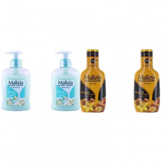 Pachet Promo: 2x Sapun Lichid Malizia  Muschio Bianco 300 Ml + 2x Spumant De Baie Malizia Argan Si Vanilie 1l