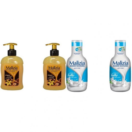 Pachet Promo: 2x Sapun Lichid Malizia Vanilie Si Argan 300 Ml + 2x Spumant De Baie Malizia Milk Cream 1l