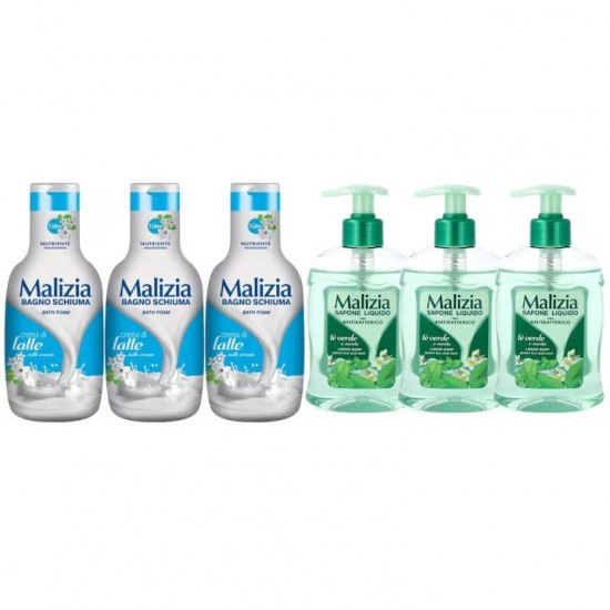 Pachet Promo: 3x Sapun Lichid Malizia Ceai Verde Si Menta 300 Ml + 3x Spumant De Baie Malizia Milk Cream 1l