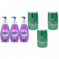 Pachet Promo: 3x Sano Green 150g + 3x Sano Spark Detergent Lichid Pentru Vase Parfum De Lavanda 1 L