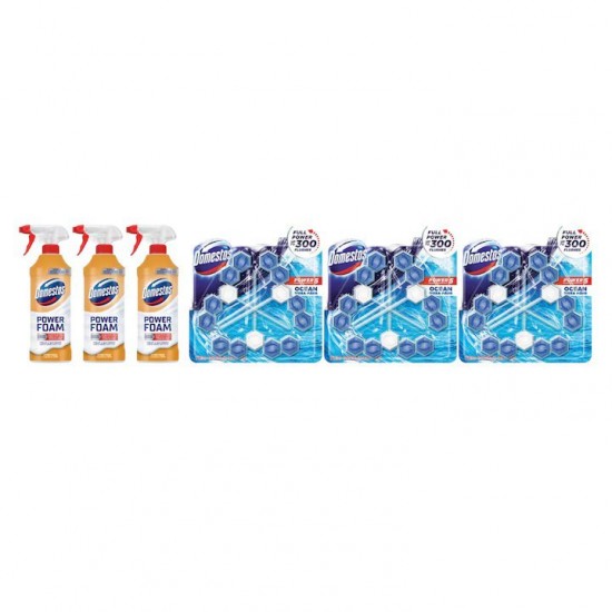 Pachet Promo: 3x Domestos Spray Spuma Baie Lamaie 435 Ml + 3x Domestos Power 5 Ocean 3 X 55 G