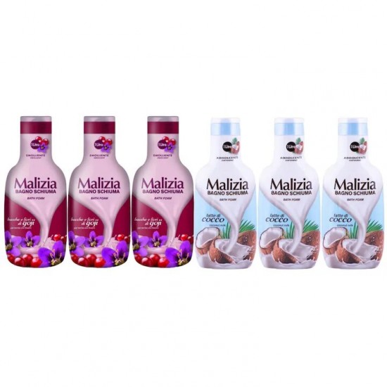 Pachet Promo: 3x Spumant De Baie Malizia Cu Goji Si Flori De Goji 1l + 3x Spumant De Baie Malizia Latte Di Cocco 1l