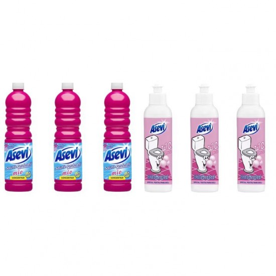 Pachet Promo: 3x Solutie Pardoseli Asevi 1l Mio + 3x Asevi Odorizant Lichid 24h Wc Chicle, 200ml