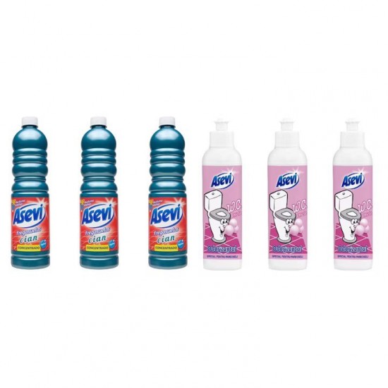 Pachet Promo: 3x Solutie Pardoseli Asevi 1l Cian + 3x Asevi Odorizant Lichid 24h Wc Chicle 200ml