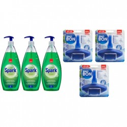 Pachet Promo: 3x Sano Bon Parfum Oceanic Colorant Albastru 55g + 3x Sano Spark Detergent Lichid Pentru Vase Parfum De Castravete Si Lamaie 1 L