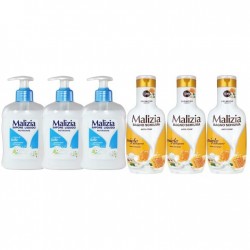 Pachet Promo: 3x Sapun Lichid Malizia Crema De Lapte 300 Ml + 3x Spumant De Baie Malizia Cu Miere Si Ghimbir 1l