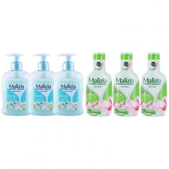 Pachet Promo: 3x Sapun Lichid Malizia  Muschio Bianco 300 Ml + 3x Spumant De Baie Malizia Cu Aloe & Magnolia, 1l