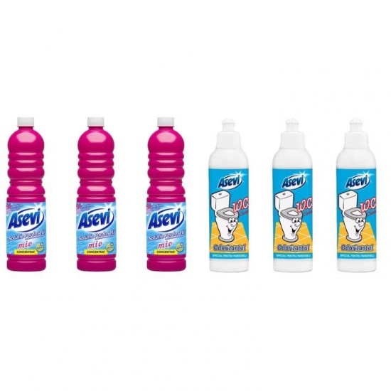Pachet Promo: 3x Solutie Pardoseli Asevi 1l Mio + 3x Asevi Odorizant Lichid 24h Wc Clasic, 200ml