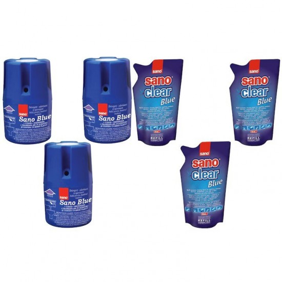 Pachet Promo: 3x Sano Blue 150g + 3x Rezerva Detergent Geamuri Sano Clear Blue, 750 Ml