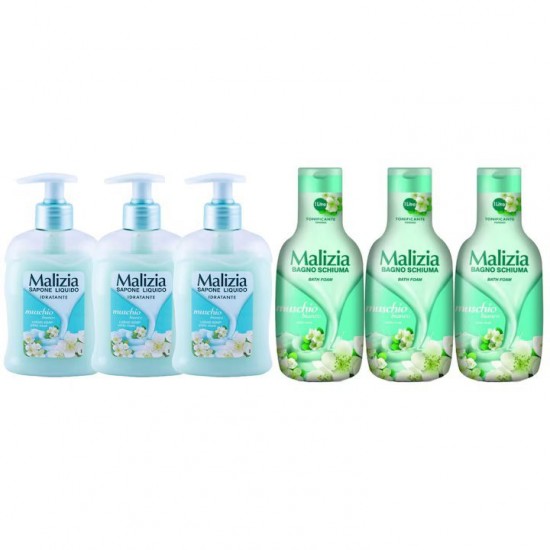 Pachet Promo: 3x Sapun Lichid Malizia  Muschio Bianco 300 Ml + 3x Spumant De Baie Malizia  Cu Mosc Alb 1l