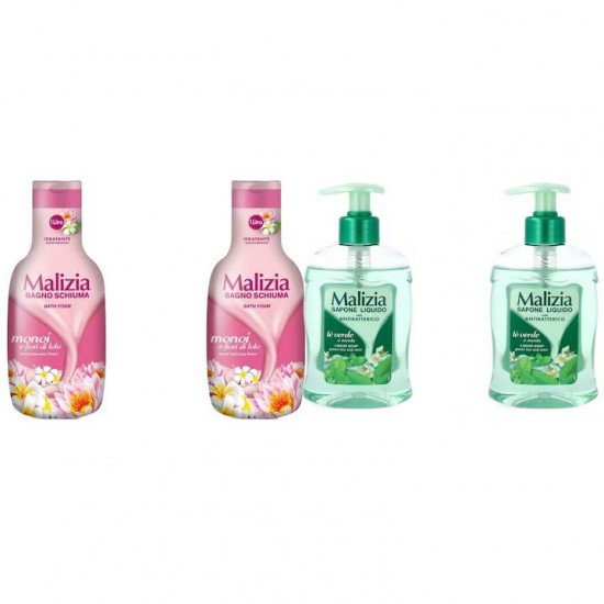Pachet Promo: 2x Sapun Lichid Malizia Ceai Verde Si Menta 300 Ml + 2x Spumant De Baie Malizia Cu Fiori Di Lotto 1l