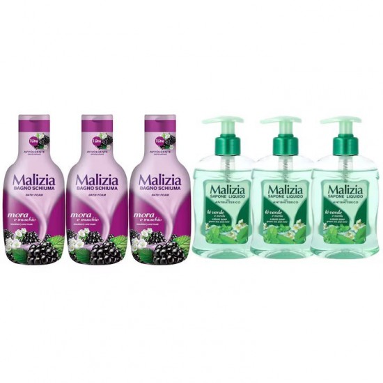 Pachet Promo: 3x Sapun Lichid Malizia Ceai Verde Si Menta 300 Ml + 3x Spumant De Baie Malizia  Cu Mure Mora1l