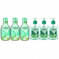 Pachet Promo: 3x Sapun Lichid Malizia Ceai Verde Si Menta 300 Ml + 3x Spumant De Baie Malizia  Cu Mosc Alb 1l