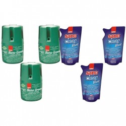 Pachet Promo: 3x Sano Green 150g + 3x Rezerva Detergent Geamuri Sano Clear Blue, 750 Ml