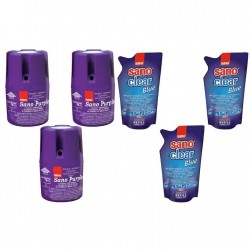 Pachet Promo: 3x Sano Purple 150g + 3x Rezerva Detergent Geamuri Sano Clear Blue, 750 Ml