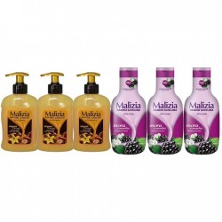 Pachet Promo: 3x Sapun Lichid Malizia Vanilie Si Argan 300 Ml + 3x Spumant De Baie Malizia Mure Mora 1l