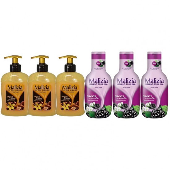 Pachet Promo: 3x Sapun Lichid Malizia Vanilie Si Argan 300 Ml + 3x Spumant De Baie Malizia Mure Mora 1l
