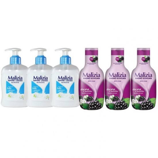 Pachet Promo: 3x Sapun Lichid Malizia Crema De Lapte 300 Ml + 3x Spumant De Baie Malizia Cu Mure Mora 1l