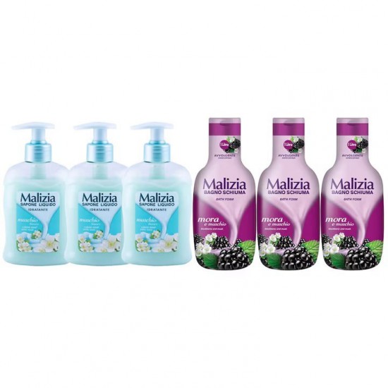 Pachet Promo: 3x Sapun Lichid Malizia  Muschio Bianco 300 Ml + 3x Spumant De Baie Malizia  Cu Mure Mora1l