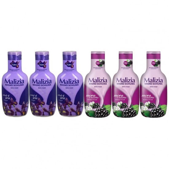 Pachet Promo: 3x Spumant De Baie Malizia Cu Petale De Iris 1l + 3x Spumant De Baie Malizia Mure Mora 1l