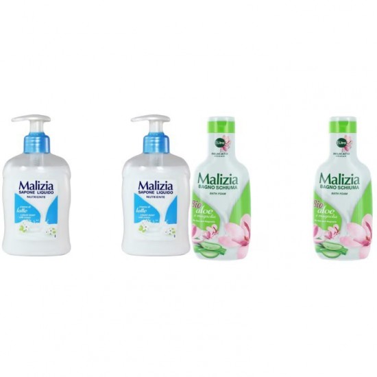 Pachet Promo: 2x Sapun Lichid Malizia Crema De Lapte 300 Ml + 2x Spumant De Baie Malizia Cu Aloe & Magnolia 1l