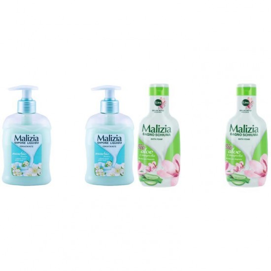 Pachet Promo: 2x Sapun Lichid Malizia  Muschio Bianco 300 Ml + 2x Spumant De Baie Malizia Cu Aloe & Magnolia 1l