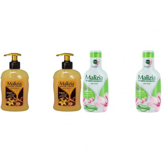 Pachet Promo: 2x Sapun Lichid Malizia Vanilie Si Argan 300 Ml + 2x Spumant De Baie Malizia Cu Aloe & Magnolia 1l