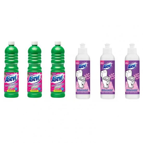 Pachet Promo: 3x Solutie Pardoseli Asevi 1l Green + 3x Asevi Odorizant Lichid 24h Wc Purple 200ml